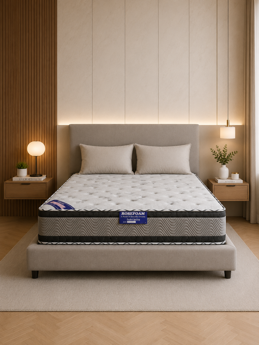 Rosefoam Pocket Hybrid mattress styled on a bed